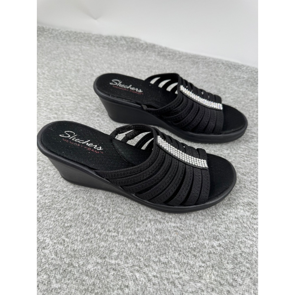 Skechers Rumblers Sci-Fi Wedge Sandals 9 Black Rhinestone Memory Foam Strappy